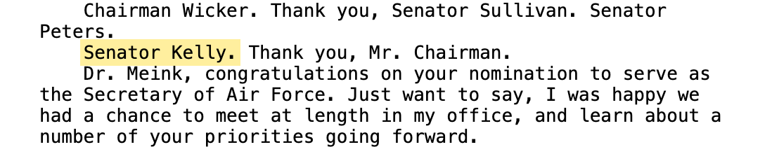 The printed record, with the speaker label “Senator Kelly.” highlighted where Sen. Gary Peters was speaking.