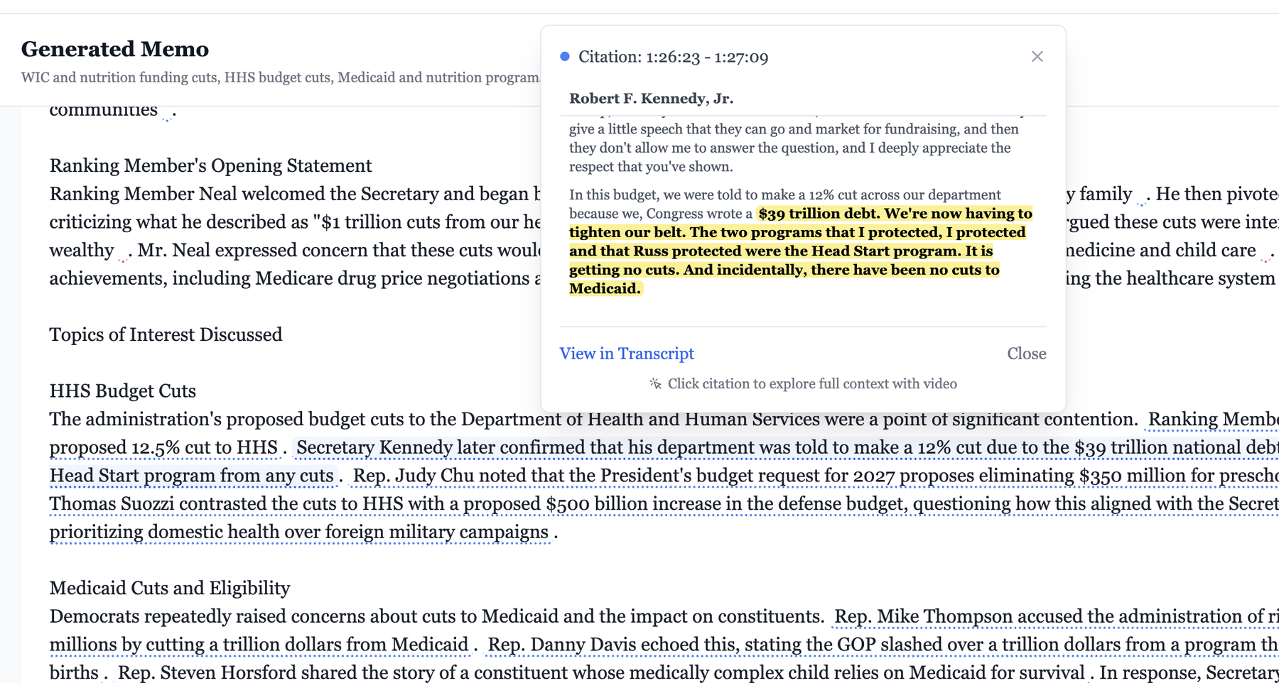 HillGenius memo with hover-to-verify citation popup showing Robert F. Kennedy, Jr. speaker label, timestamp 1:26:23, and the exact highlighted quote from the source video