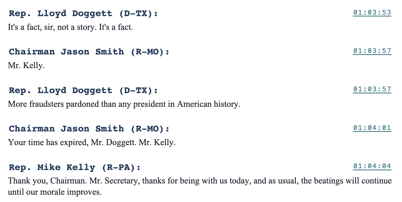 HillGenius transcript showing accurate speaker attribution during a rapid Ways and Means cross-talk exchange between Rep. Doggett, Chairman Smith, and Rep. Kelly